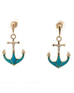 Lady's 14K Yellow Gold Turquoise Anchor Earrings.