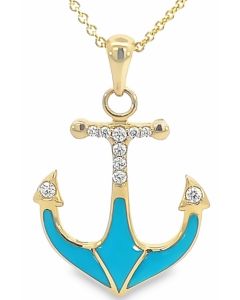 14K Yellow Gold Anchor with Turquoise Necklace with Diamonds designed by Kabana for St Maarten-Majesty Jewelers 