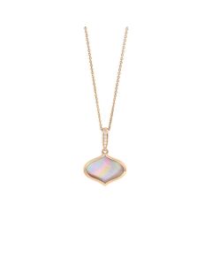 14 Karat Rose Gold Pink Mother of Pearl Necklace with Round Diamonds